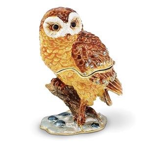 Pewter Bejeweled Crystals Enameled MR. WHOO Barn Owl Trinket Box 18" Necklace